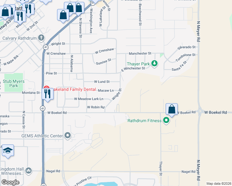 map of restaurants, bars, coffee shops, grocery stores, and more near 7295 Macaw Lane in Rathdrum