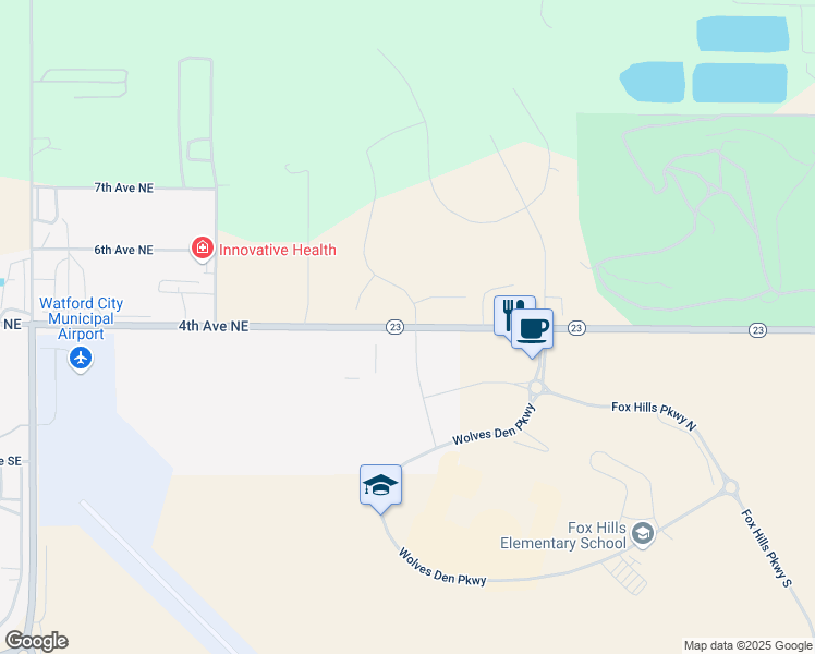 map of restaurants, bars, coffee shops, grocery stores, and more near North Dakota 23 in Watford City
