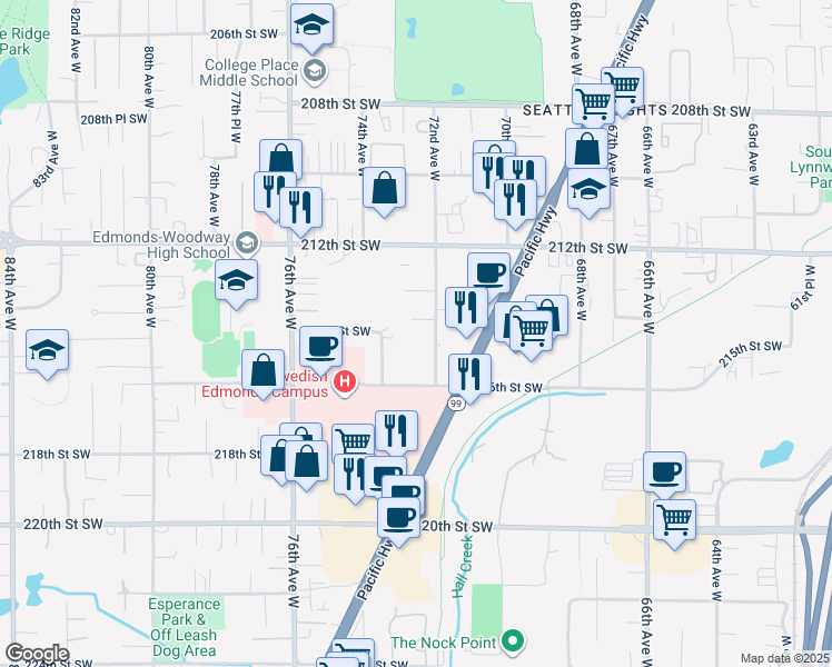 map of restaurants, bars, coffee shops, grocery stores, and more near 21400 72nd Avenue West in Edmonds