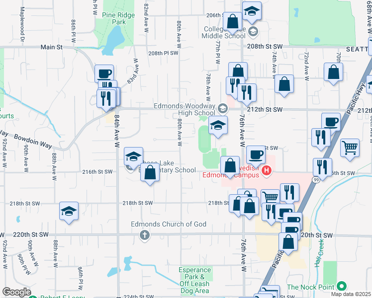 map of restaurants, bars, coffee shops, grocery stores, and more near 21323 80th Avenue West in Edmonds