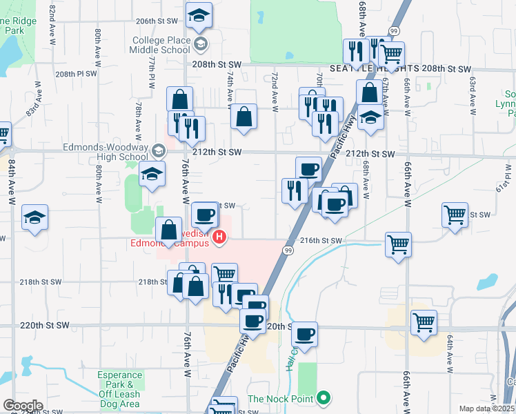 map of restaurants, bars, coffee shops, grocery stores, and more near 21400 72nd Avenue West in Edmonds