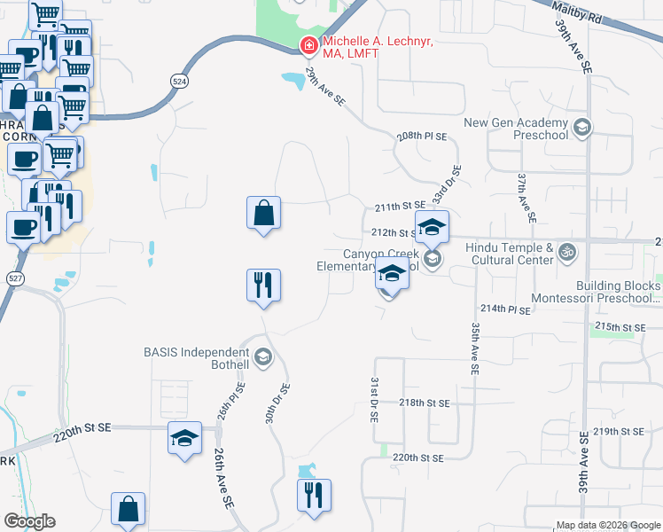 map of restaurants, bars, coffee shops, grocery stores, and more near 3002 213th Street Southeast in Bothell