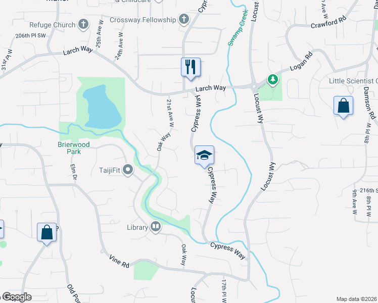 map of restaurants, bars, coffee shops, grocery stores, and more near 2059 214th Street Southwest in Brier