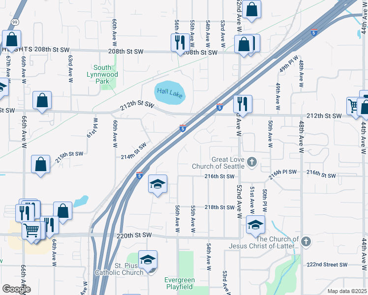 map of restaurants, bars, coffee shops, grocery stores, and more near 56th Avenue West in Lynnwood