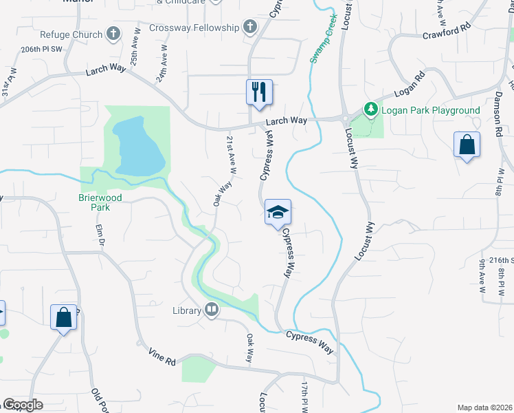 map of restaurants, bars, coffee shops, grocery stores, and more near 2059 214th Street Southwest in Brier