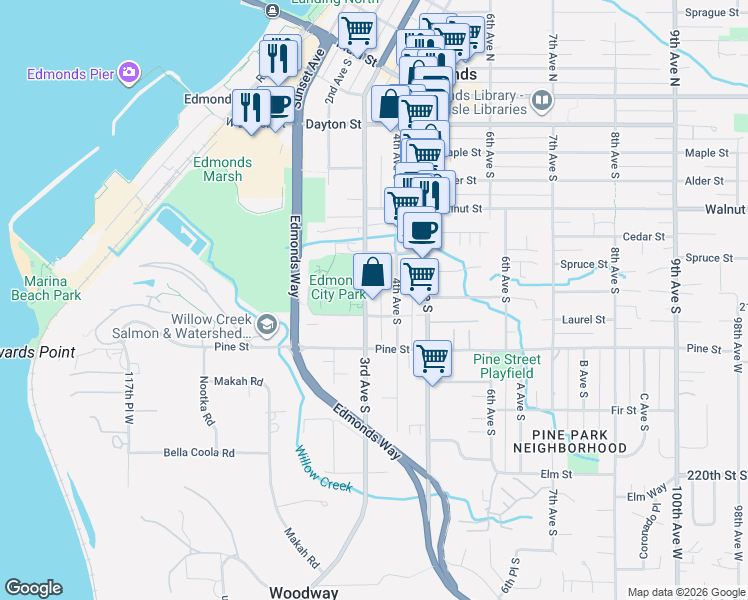 map of restaurants, bars, coffee shops, grocery stores, and more near 600 3rd Avenue South in Edmonds