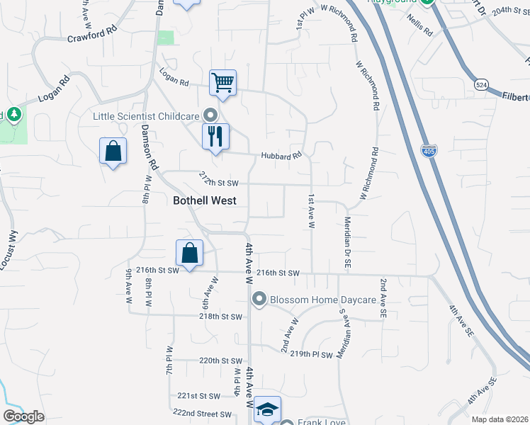 map of restaurants, bars, coffee shops, grocery stores, and more near 21217 4th Avenue West in Bothell