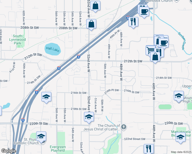 map of restaurants, bars, coffee shops, grocery stores, and more near 21303 52nd Avenue West in Mountlake Terrace