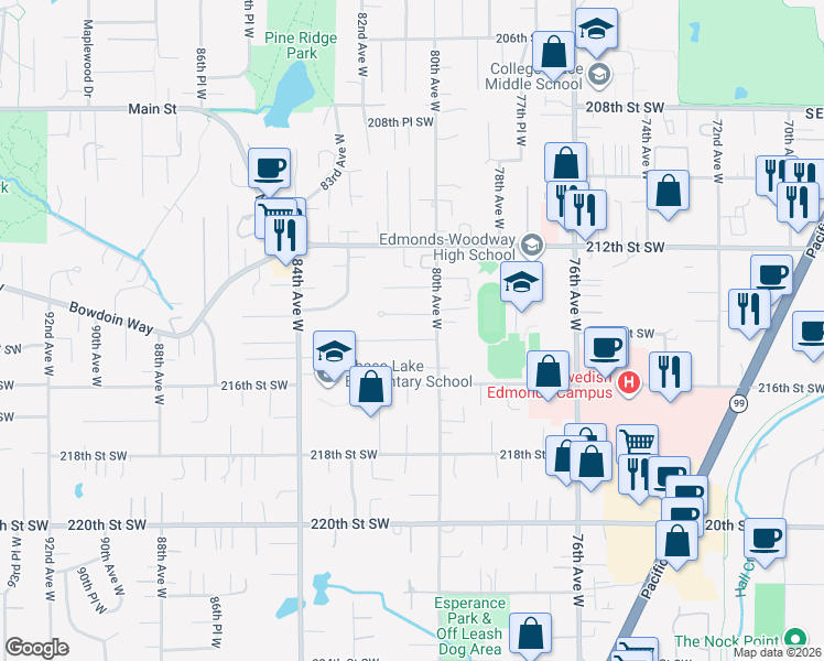map of restaurants, bars, coffee shops, grocery stores, and more near 21402 80th Avenue West in Edmonds