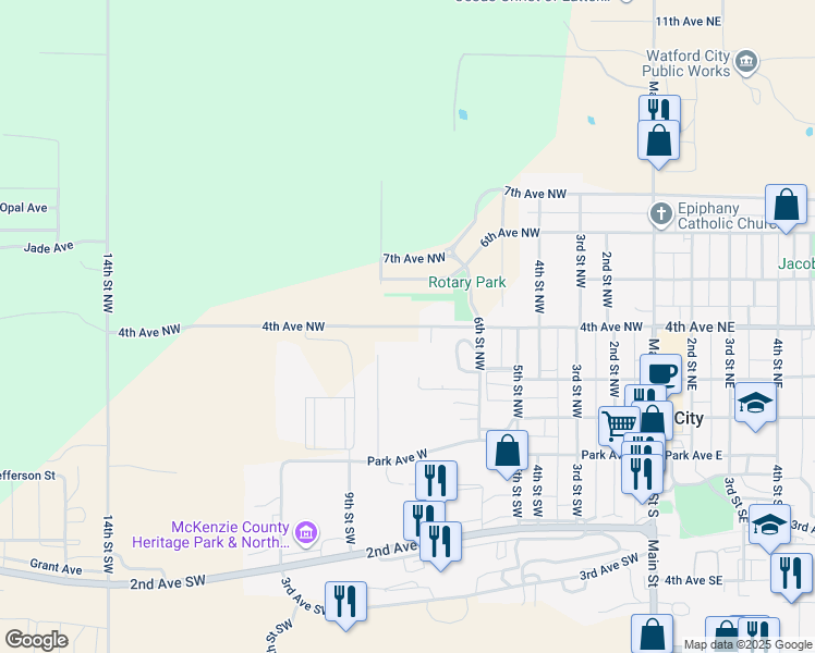 map of restaurants, bars, coffee shops, grocery stores, and more near 4th Avenue Northwest in Watford City