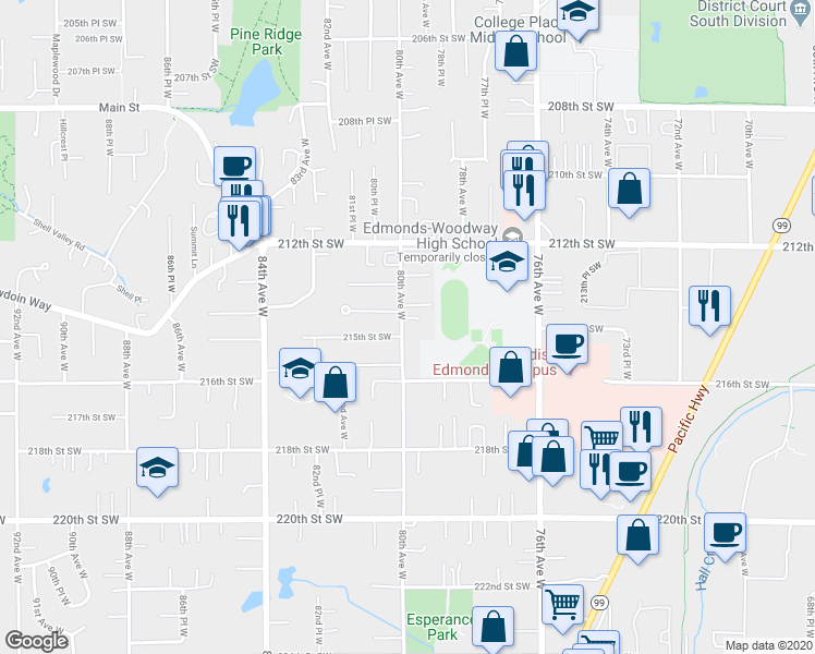 map of restaurants, bars, coffee shops, grocery stores, and more near 21409 80th Avenue West in Edmonds