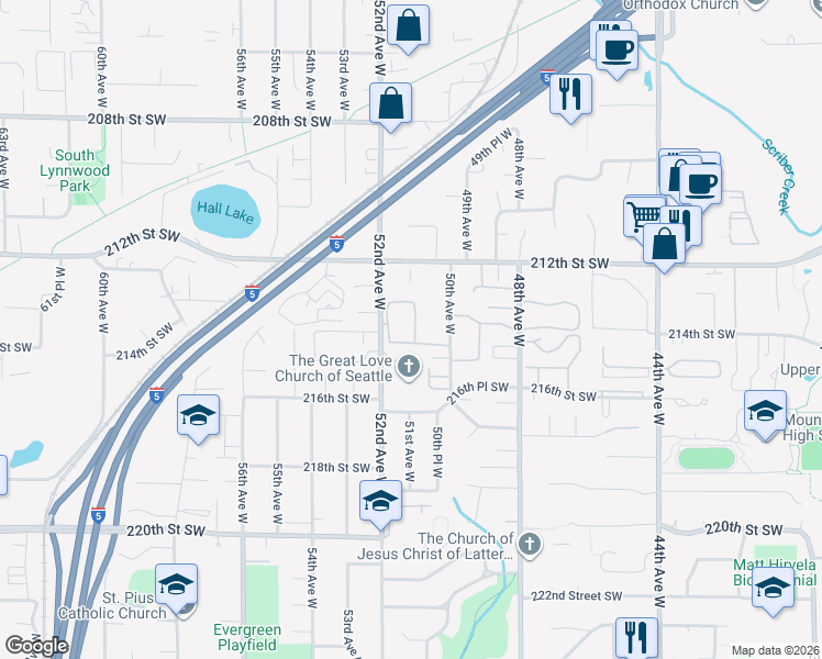 map of restaurants, bars, coffee shops, grocery stores, and more near 21303 52nd Avenue West in Mountlake Terrace