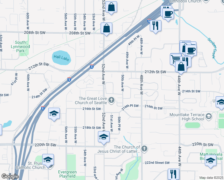map of restaurants, bars, coffee shops, grocery stores, and more near 21303 52nd Avenue West in Mountlake Terrace