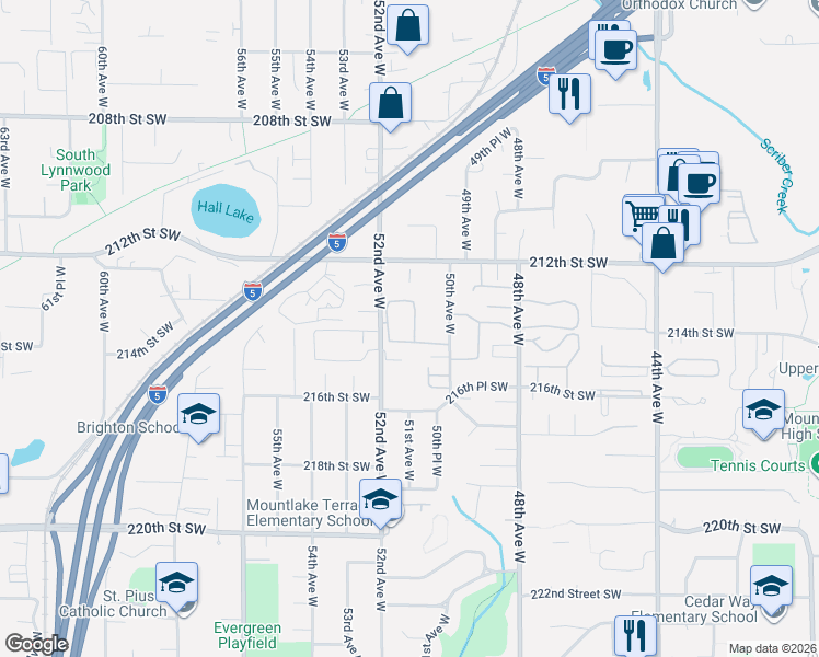 map of restaurants, bars, coffee shops, grocery stores, and more near 21303 52nd Avenue West in Mountlake Terrace