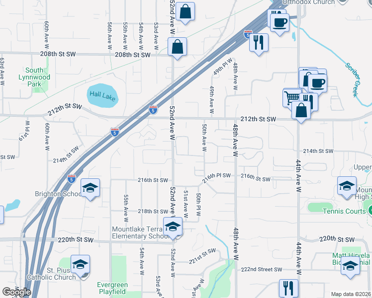 map of restaurants, bars, coffee shops, grocery stores, and more near 21303 52nd Avenue West in Mountlake Terrace
