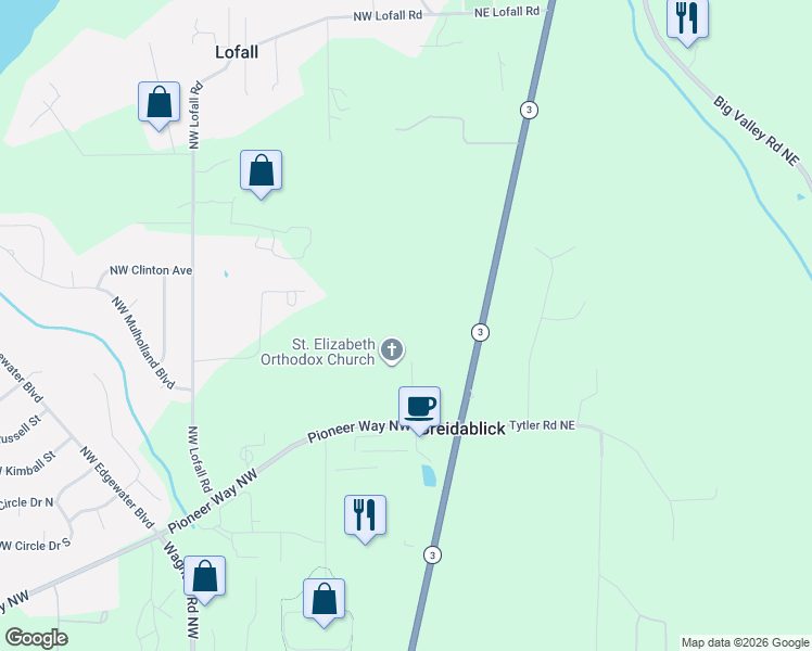 map of restaurants, bars, coffee shops, grocery stores, and more near 26670 Breidablik Place Northwest in Poulsbo