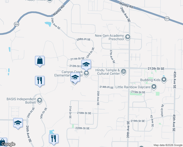 map of restaurants, bars, coffee shops, grocery stores, and more near 21400 35th Ave SE in Bothell