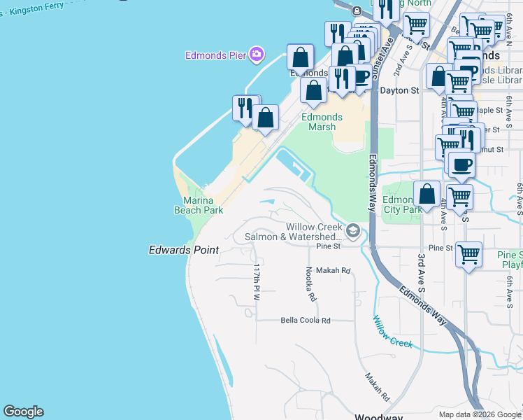 map of restaurants, bars, coffee shops, grocery stores, and more near 51 Pine Drive in Edmonds