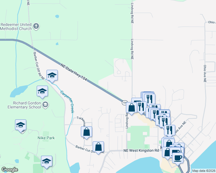 map of restaurants, bars, coffee shops, grocery stores, and more near 26601 Myrtle Lane Northeast in Kingston