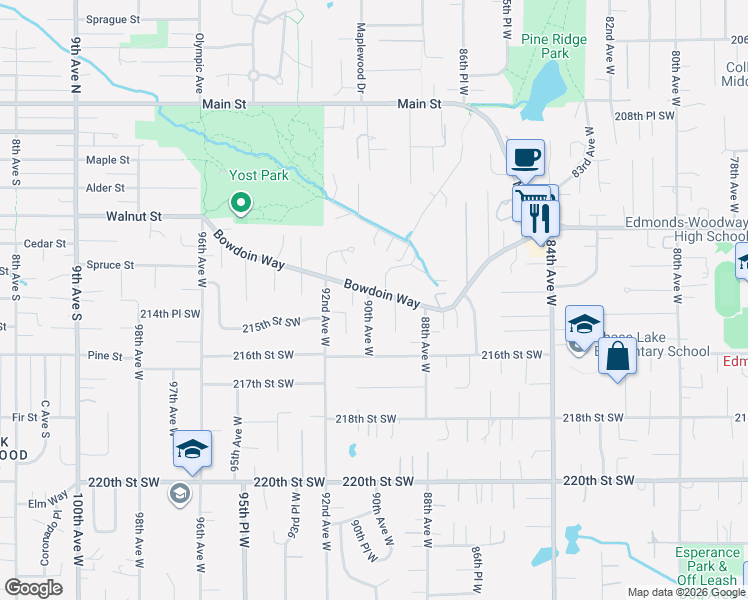 map of restaurants, bars, coffee shops, grocery stores, and more near 21407 90th Avenue West in Edmonds