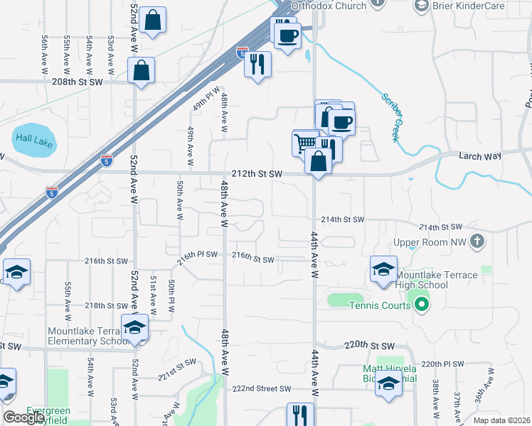 map of restaurants, bars, coffee shops, grocery stores, and more near 21317 48th Avenue West in Mountlake Terrace