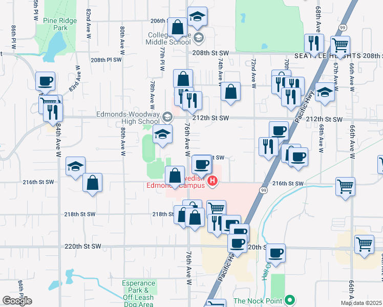 map of restaurants, bars, coffee shops, grocery stores, and more near 7527 215th Street Southwest in Edmonds