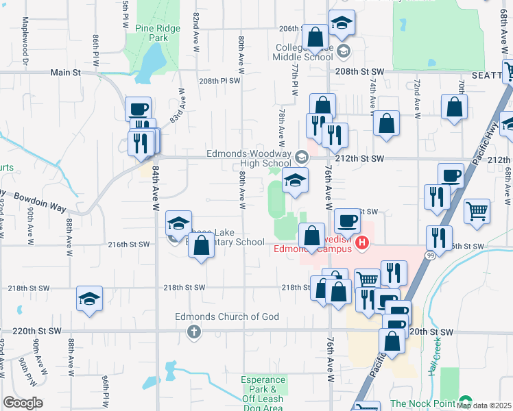 map of restaurants, bars, coffee shops, grocery stores, and more near 21323 80th Avenue West in Edmonds
