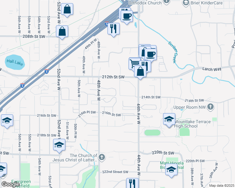 map of restaurants, bars, coffee shops, grocery stores, and more near 21317 48th Avenue West in Mountlake Terrace