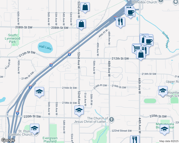 map of restaurants, bars, coffee shops, grocery stores, and more near 5032 212th Street Southwest in Mountlake Terrace