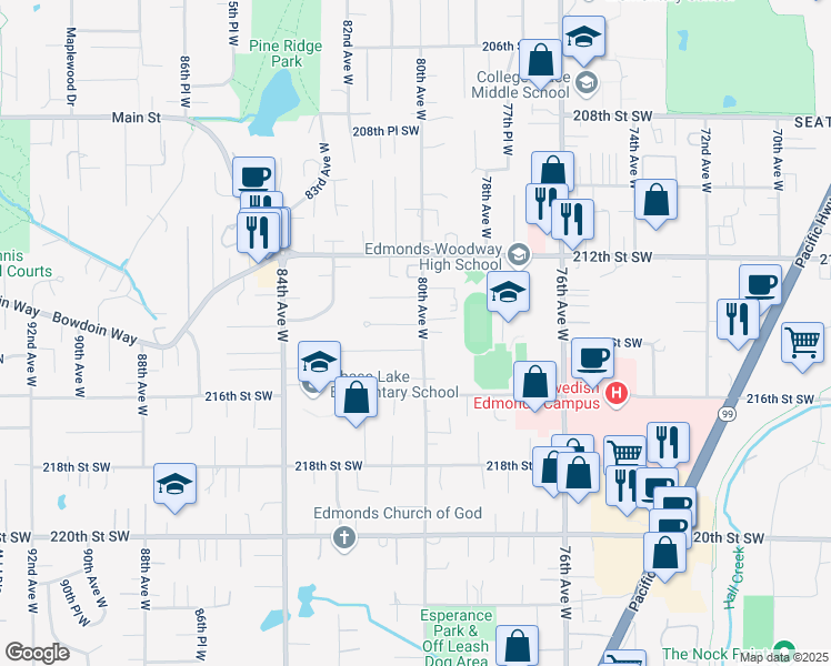 map of restaurants, bars, coffee shops, grocery stores, and more near 21402 80th Avenue West in Edmonds