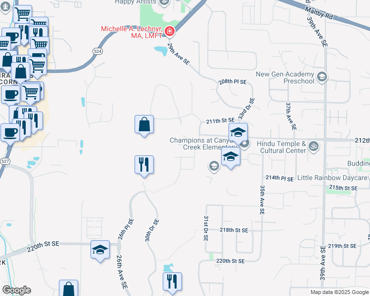 map of restaurants, bars, coffee shops, grocery stores, and more near 3002 213th Street Southeast in Bothell