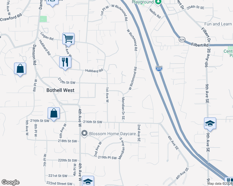 map of restaurants, bars, coffee shops, grocery stores, and more near 10 213th Street Southwest in Bothell