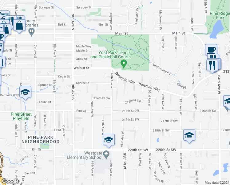map of restaurants, bars, coffee shops, grocery stores, and more near 21420 95th Place West in Edmonds