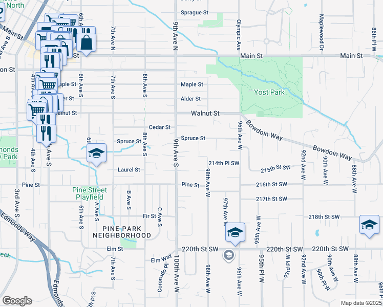 map of restaurants, bars, coffee shops, grocery stores, and more near 725 9th Avenue South in Edmonds
