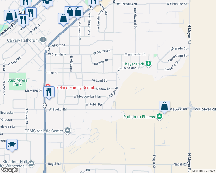 map of restaurants, bars, coffee shops, grocery stores, and more near 7295 Macaw Lane in Rathdrum