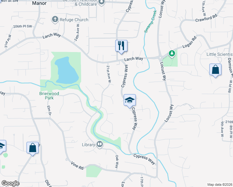 map of restaurants, bars, coffee shops, grocery stores, and more near 2059 214th Street Southwest in Brier