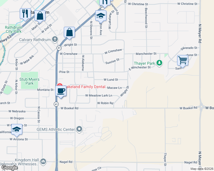 map of restaurants, bars, coffee shops, grocery stores, and more near 7415 Macaw Lane in Rathdrum