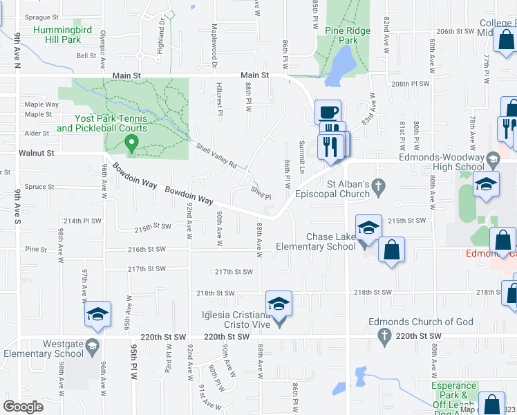 map of restaurants, bars, coffee shops, grocery stores, and more near 8813 Bowdoin Way in Edmonds