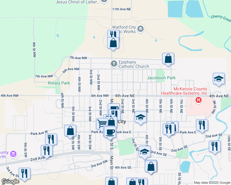 map of restaurants, bars, coffee shops, grocery stores, and more near 100 4th Avenue Northeast in Watford City