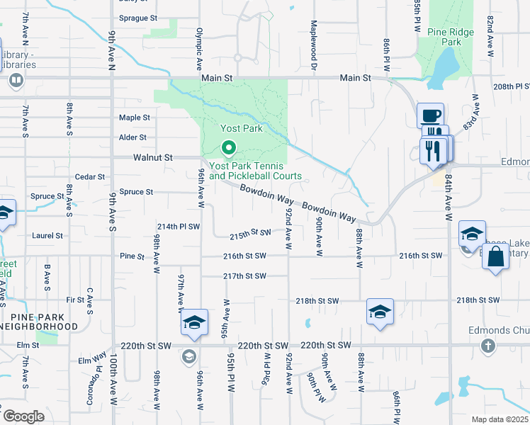 map of restaurants, bars, coffee shops, grocery stores, and more near 21322 92nd Place West in Edmonds