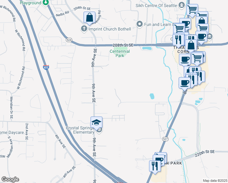 map of restaurants, bars, coffee shops, grocery stores, and more near 21228 11th Drive Southeast in Bothell