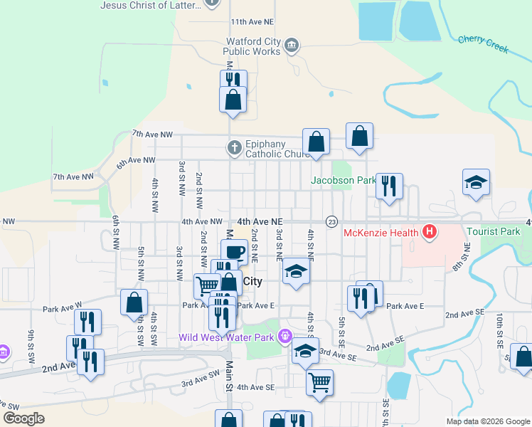 map of restaurants, bars, coffee shops, grocery stores, and more near 333 2nd Street Northeast in Watford City