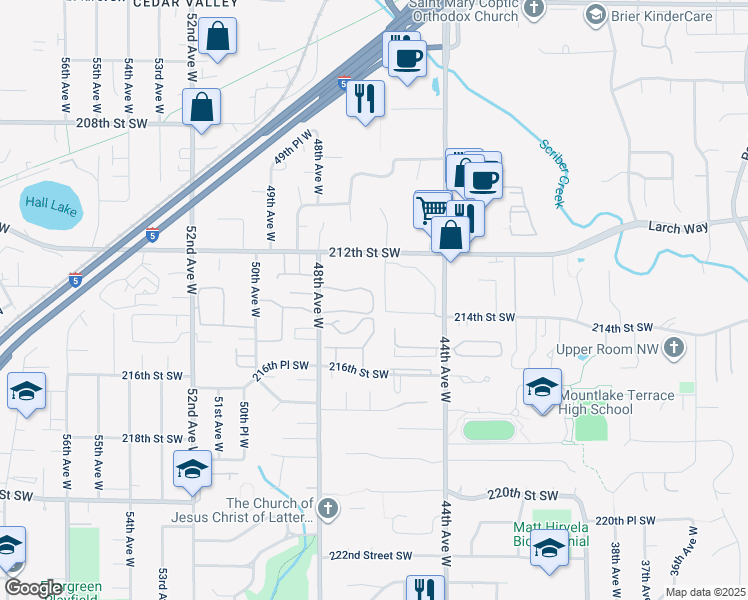 map of restaurants, bars, coffee shops, grocery stores, and more near 21309 48th Avenue West in Mountlake Terrace