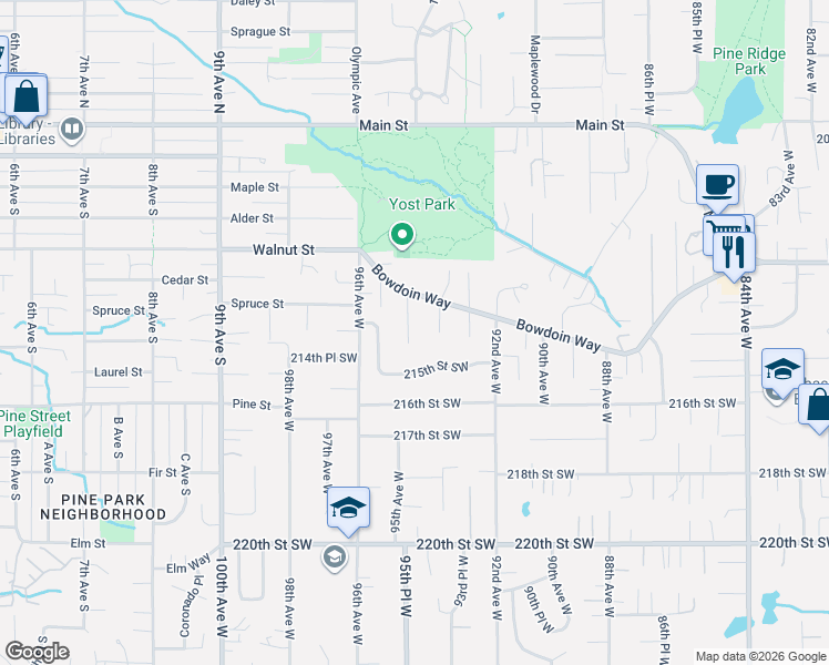map of restaurants, bars, coffee shops, grocery stores, and more near 21405 95th Avenue West in Edmonds