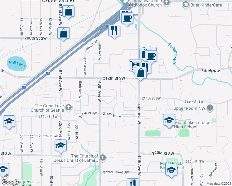 map of restaurants, bars, coffee shops, grocery stores, and more near 21309 48th Avenue West in Mountlake Terrace