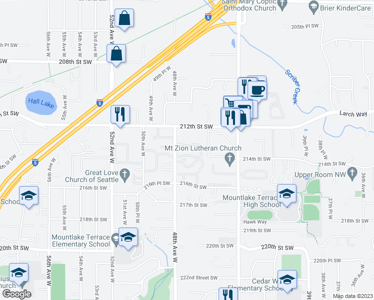 map of restaurants, bars, coffee shops, grocery stores, and more near 212307 48th Avenue West in Mountlake Terrace