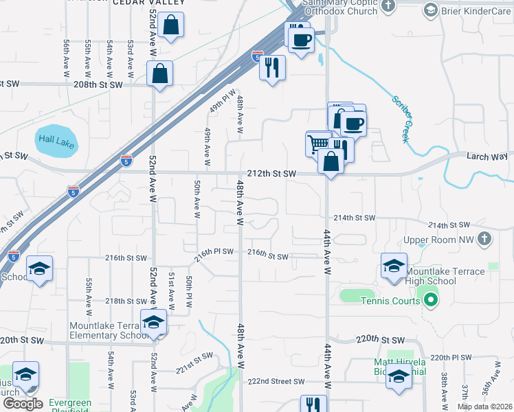 map of restaurants, bars, coffee shops, grocery stores, and more near 21305 48th Avenue West in Mountlake Terrace