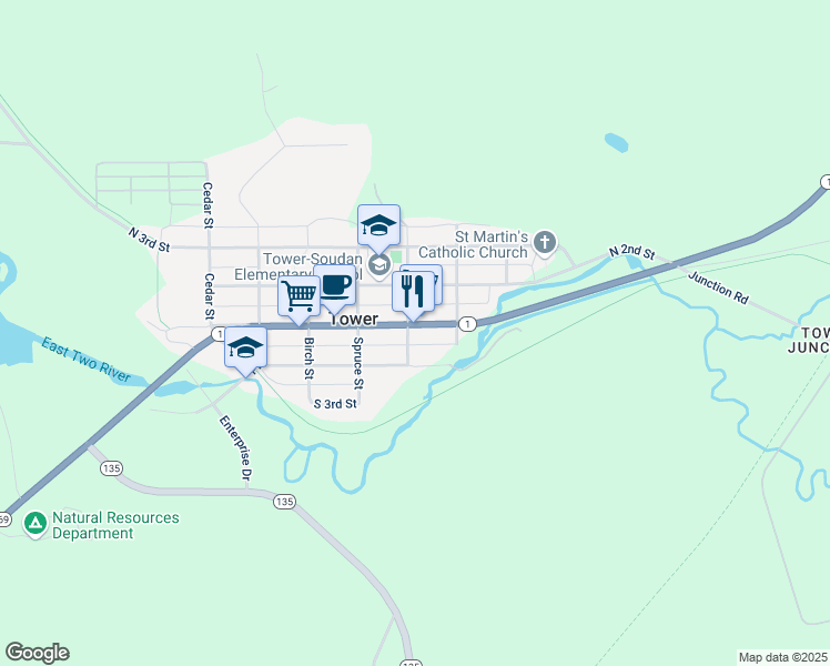 map of restaurants, bars, coffee shops, grocery stores, and more near 316 Main Street in Tower