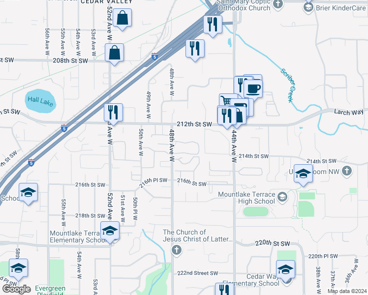 map of restaurants, bars, coffee shops, grocery stores, and more near 212307 48th Avenue West in Mountlake Terrace
