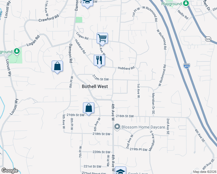 map of restaurants, bars, coffee shops, grocery stores, and more near 425 213th Street Southwest in Bothell